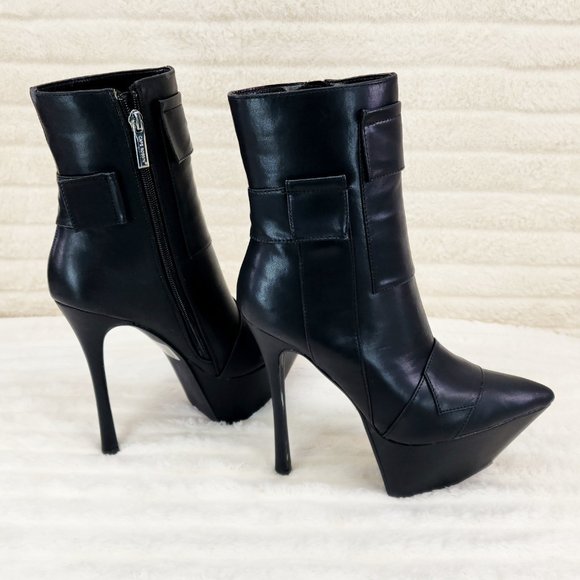 Kinder Pointy Toe Platform Stiletto Heel Ankle Boots Black Vegan Leather - Picture 1 of 9